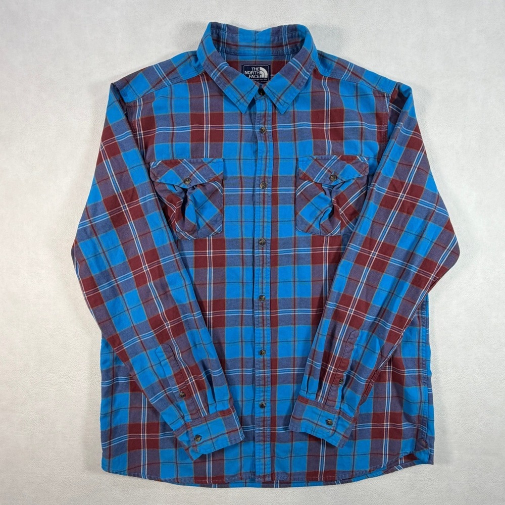 The North Face Mens XL Blue Burgundy Plaid Flannel Long Sleeve Button Down Shirt